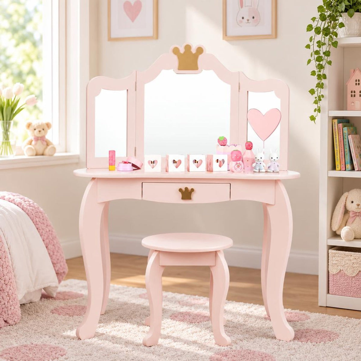 Airfind Kids Makeup Dressing Table with Tri-folding Mirror and Stool, 33 lbs Capacity, MDF pine Frame, 31.5in x 16.5in x 41.5in Footprint, Pink