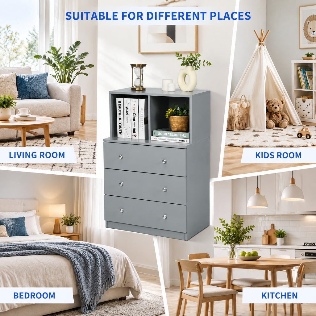 Airfind 3 Drawer Dresser with Cubbies Storage Chest for Bedroom Living Room, Engineered wood metal Frame, 24in x 16in x 37in Footprint, Gray