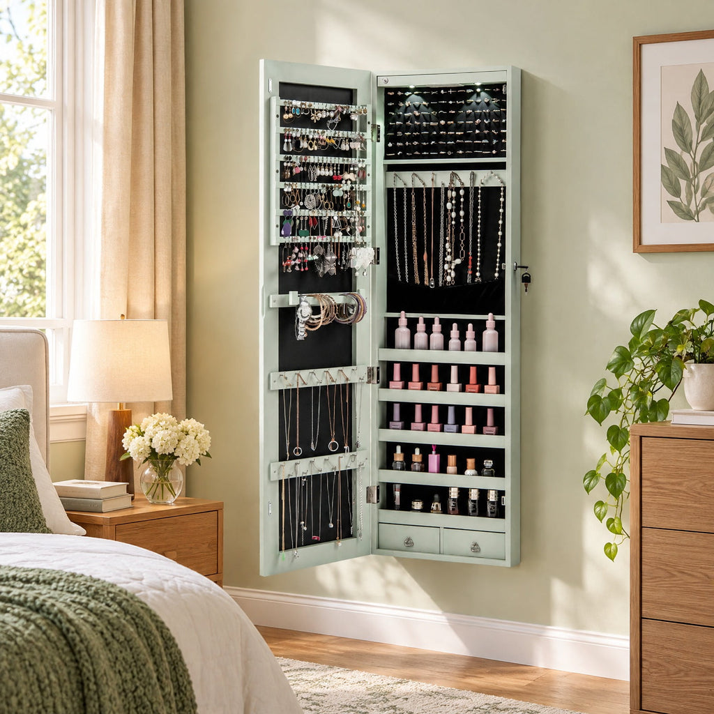 Airfind Wall and Door Mounted Mirrored Jewelry Cabinet with Lights, MDF Board Glass Mirror Frame, 14 Inch x 4 Inch x 54.5 Inch Footprint, Green