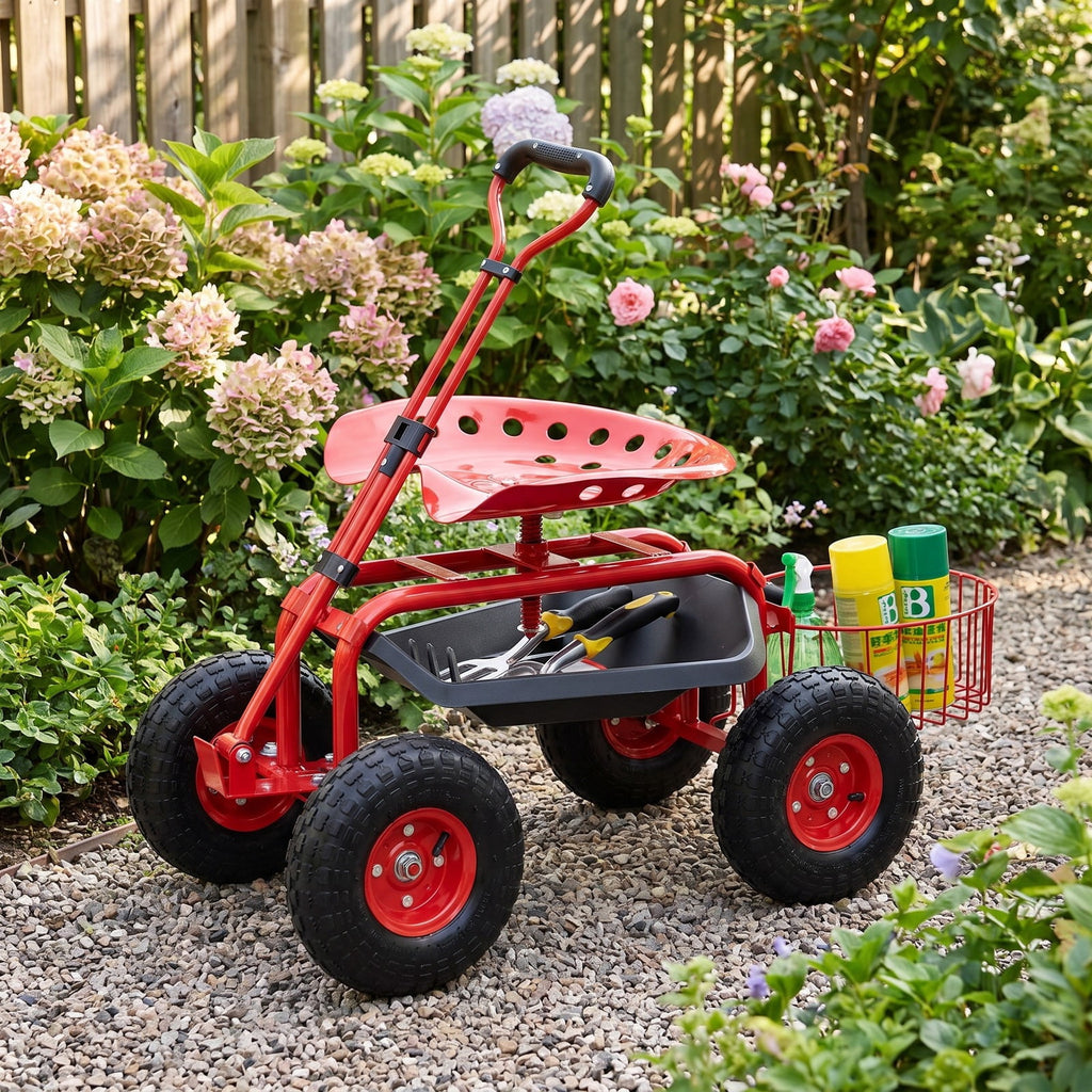 Airfind Heavy Duty Garden Cart with Tool Tray and 360 Swivel Seat, 330 lbs Capacity, Steel Rubber Plastic Frame, 38 x 17 x Footprint, Red
