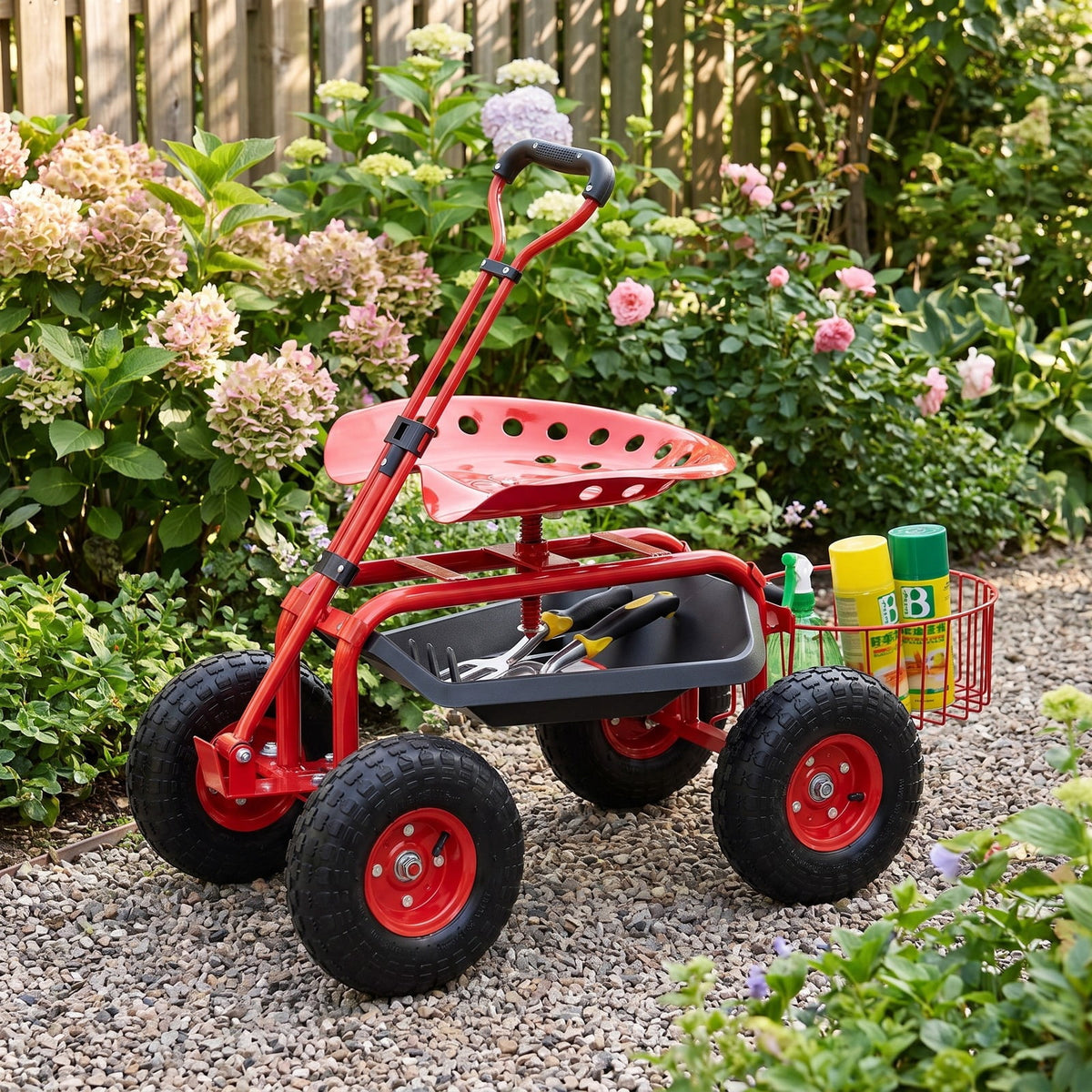 Airfind Heavy Duty Garden Cart with Tool Tray and 360 Swivel Seat, 330 lbs Capacity, Steel Rubber Plastic Frame, 38 x 17 x Footprint, Red