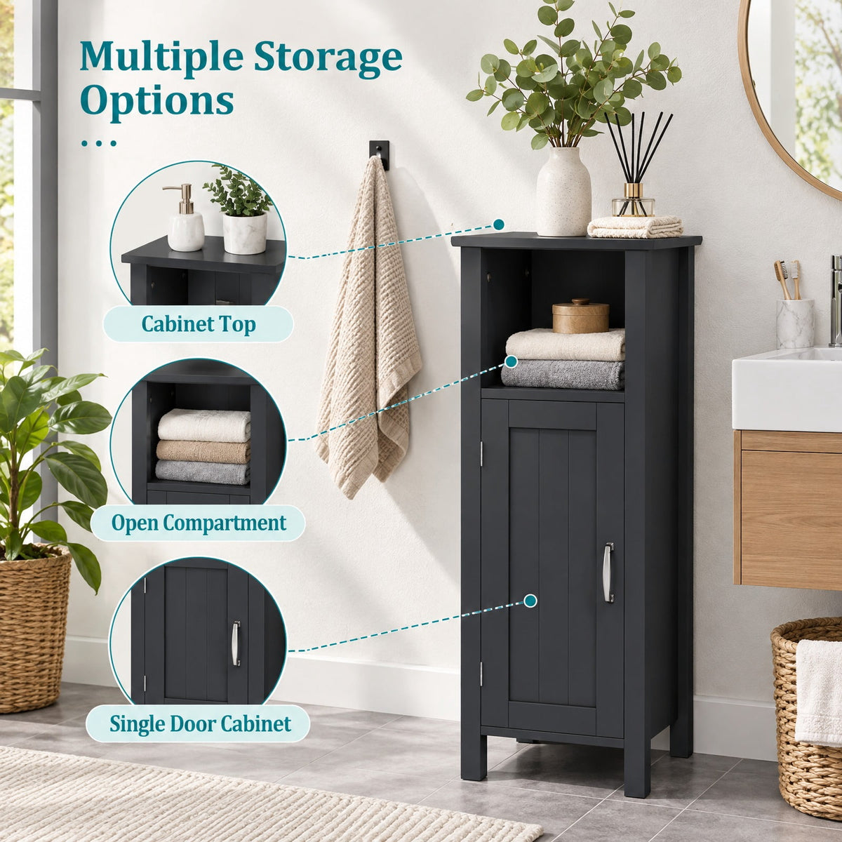 Airfind Bathroom Storage Organizer with 2-Tier Cabinet, 66 lbs Capacity, MDF Frame, 12in x 12in x 31.5in Footprint, Black