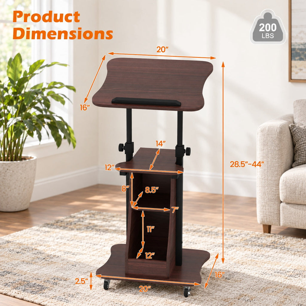 Airfind Mobile Podium Stand Height Adjustable Laptop Cart with Tilting Tabletop and Storage Compartments, 200 lbs Capacity, Brown