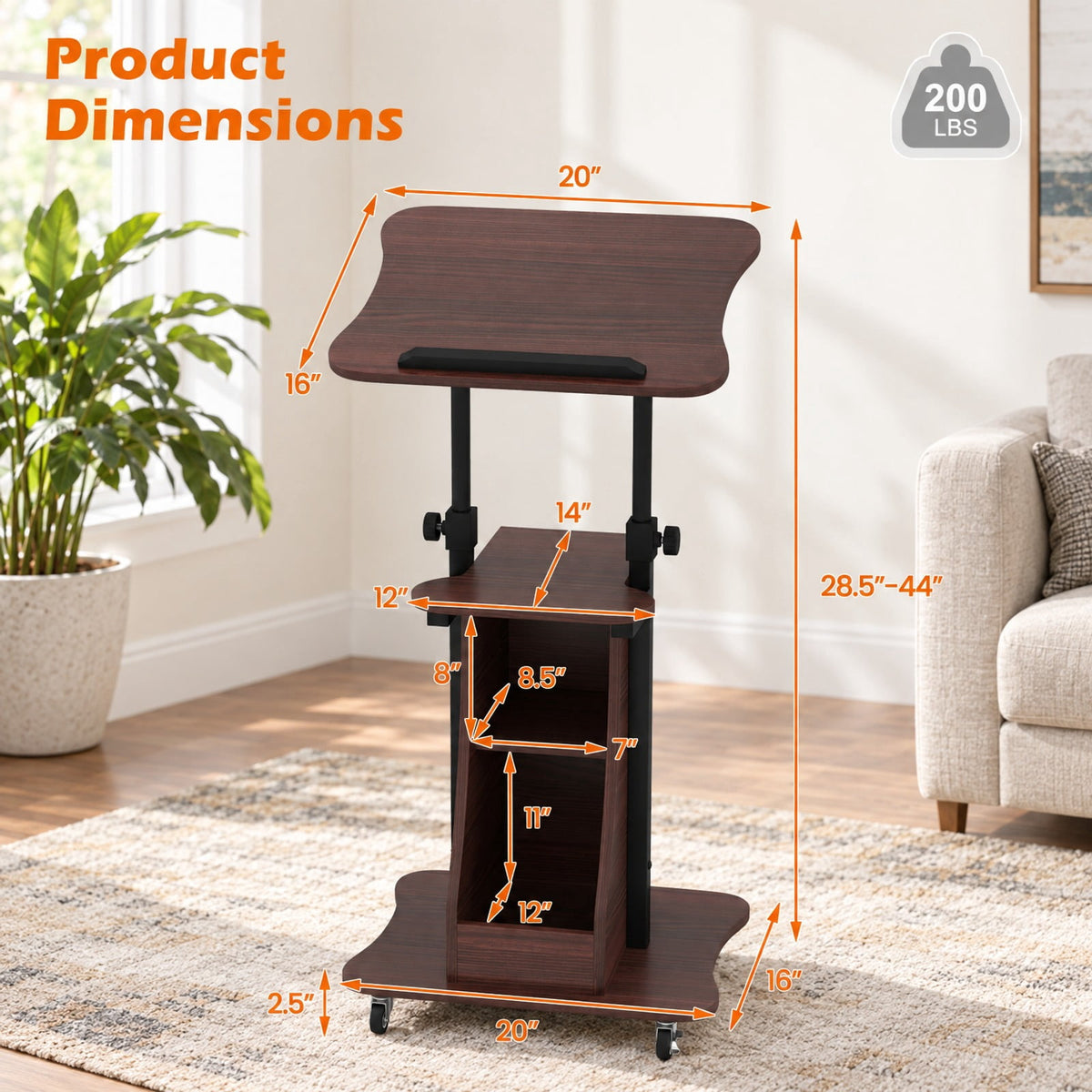 Airfind Mobile Podium Stand Height Adjustable Laptop Cart with Tilting Tabletop and Storage Compartments, 200 lbs Capacity, Brown