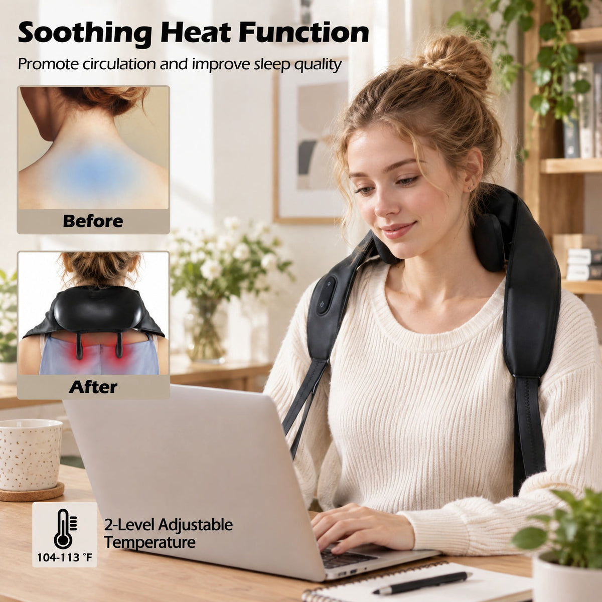 Airfind Neck Shoulder Massager with 2 Heat Levels for Pain Relief, PU ABS Silicone Frame, 8 x 20 x 5.5 Footprint, Black