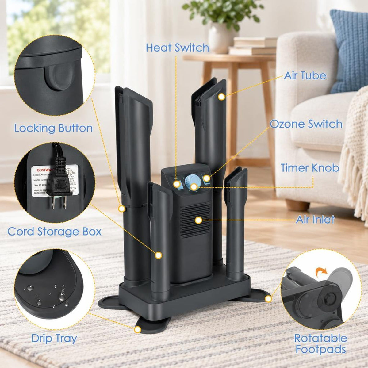 Airfind Electric Shoe Boot Dryer 4 Shoes with 180 Mins Timer Ozone Disinfection, PP fiberglass ABS Frame, Gray