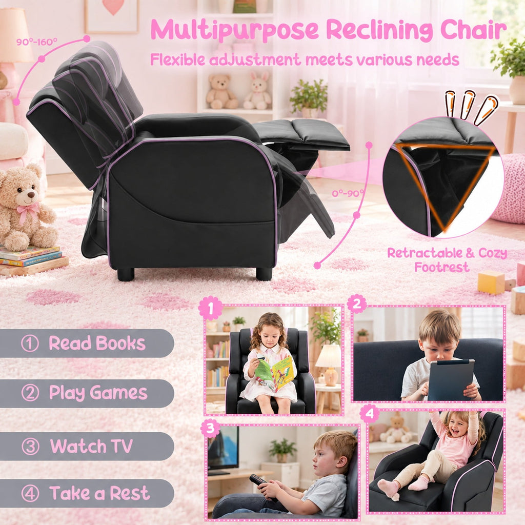 Airfind Kids Recliner Chair with Side Pockets and Footrest, 110 lbs Capacity, Sponge PU leather wood steel plastic Frame, Pink