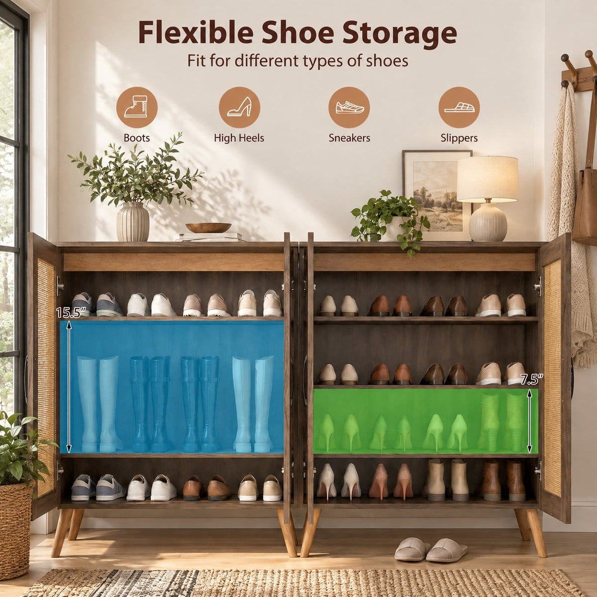 Airfind 5-Tier Rattan Shoe Cabinet with 3 Removable Shelves, 155 lbs Capacity, Engineered Wood Rattan Rubber Wood Frame, 29.5 x 14x 37 Footprint