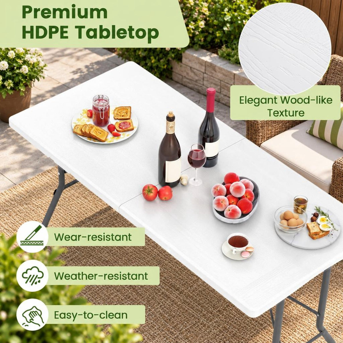 Airfind 5FT Folding Picnic Table with Wood Grain HDPE Tabletop and Non-slip Foot Pads, 400 lbs Capacity, HDPE Metal Frame, White