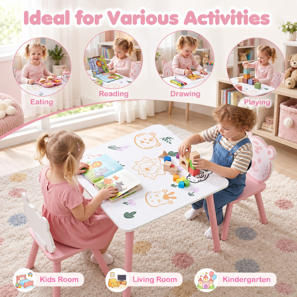 Airfind 3 Pieces Kids Table and Chairs Set with Animal Patterns for Kids, 44 lbs Capacity, Pine Wood Frame, for 3-6 Years Old