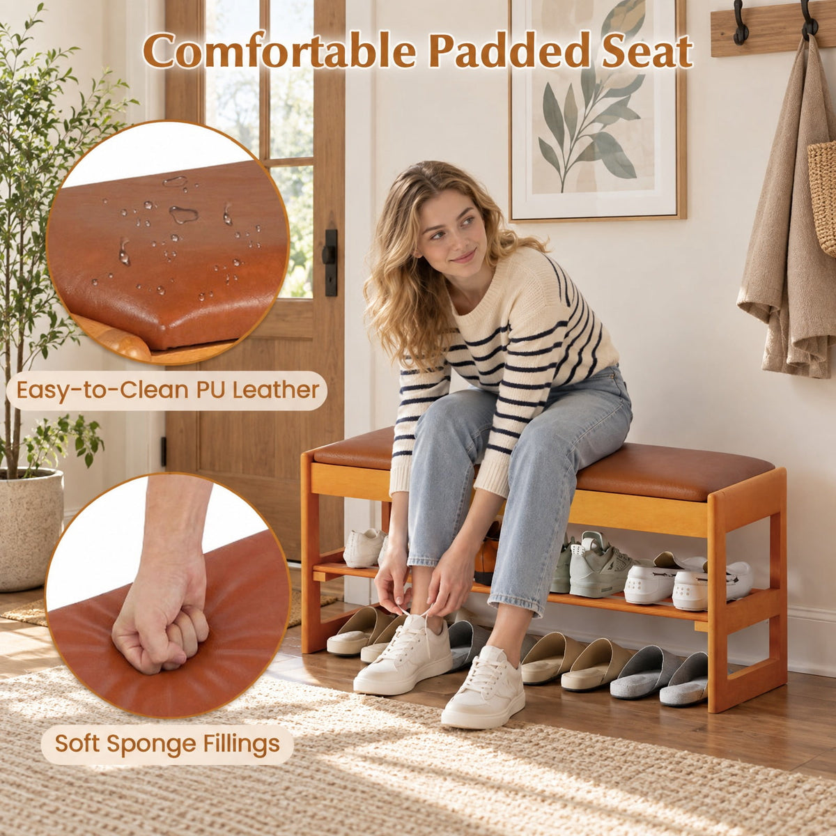 Airfind Shoe Rack Bench with Storage 2-Tier Rubberwood Entryway Bench with Flip-Open Storage, 400 lbs Capacity, 40in x 13.5in x 17in Footprint, Brown