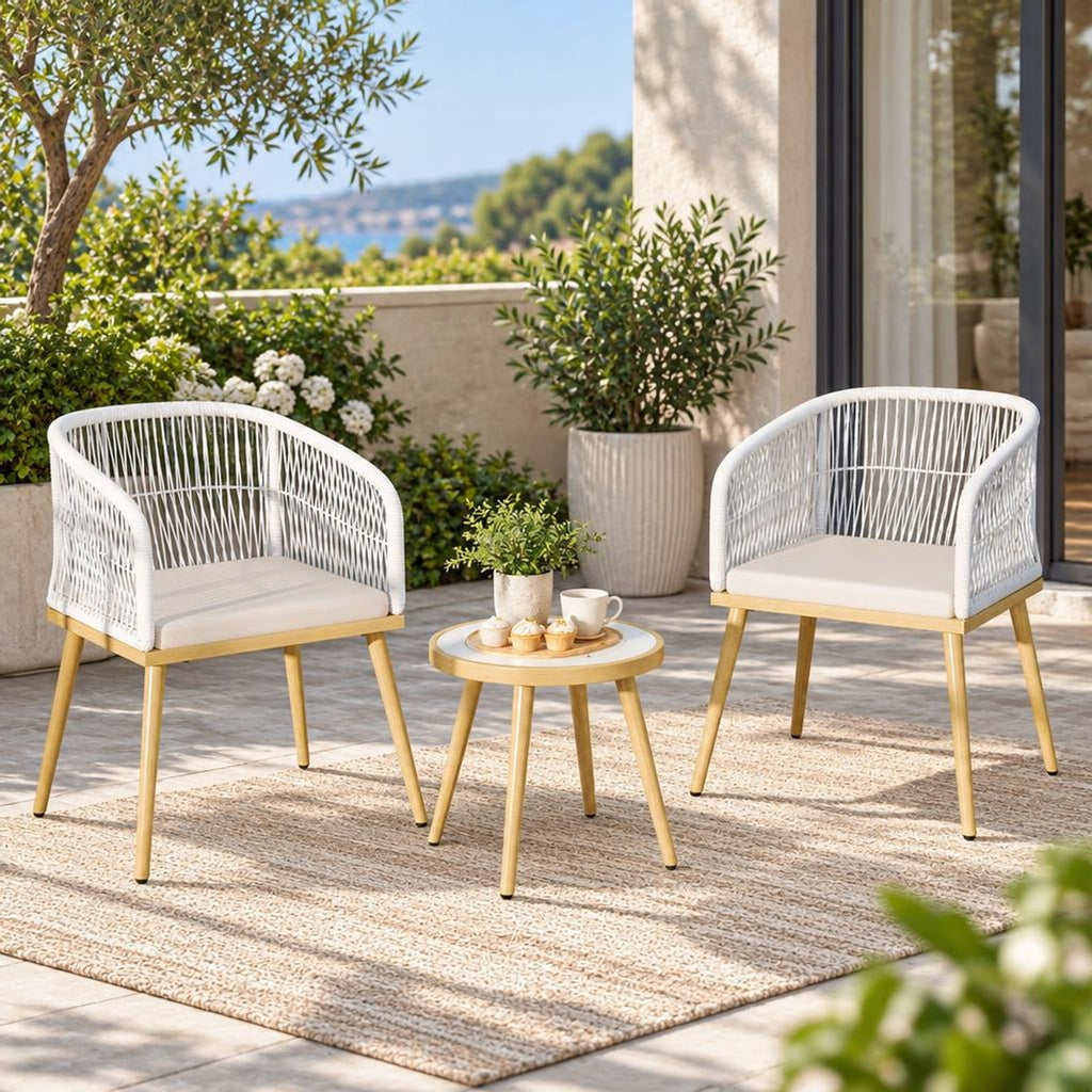 Airfind 3 Pieces Outdoor Bistro PE Wicker Conversation Furniture Set, 100 lbs Capacity, 18 x 16 Footprint, White