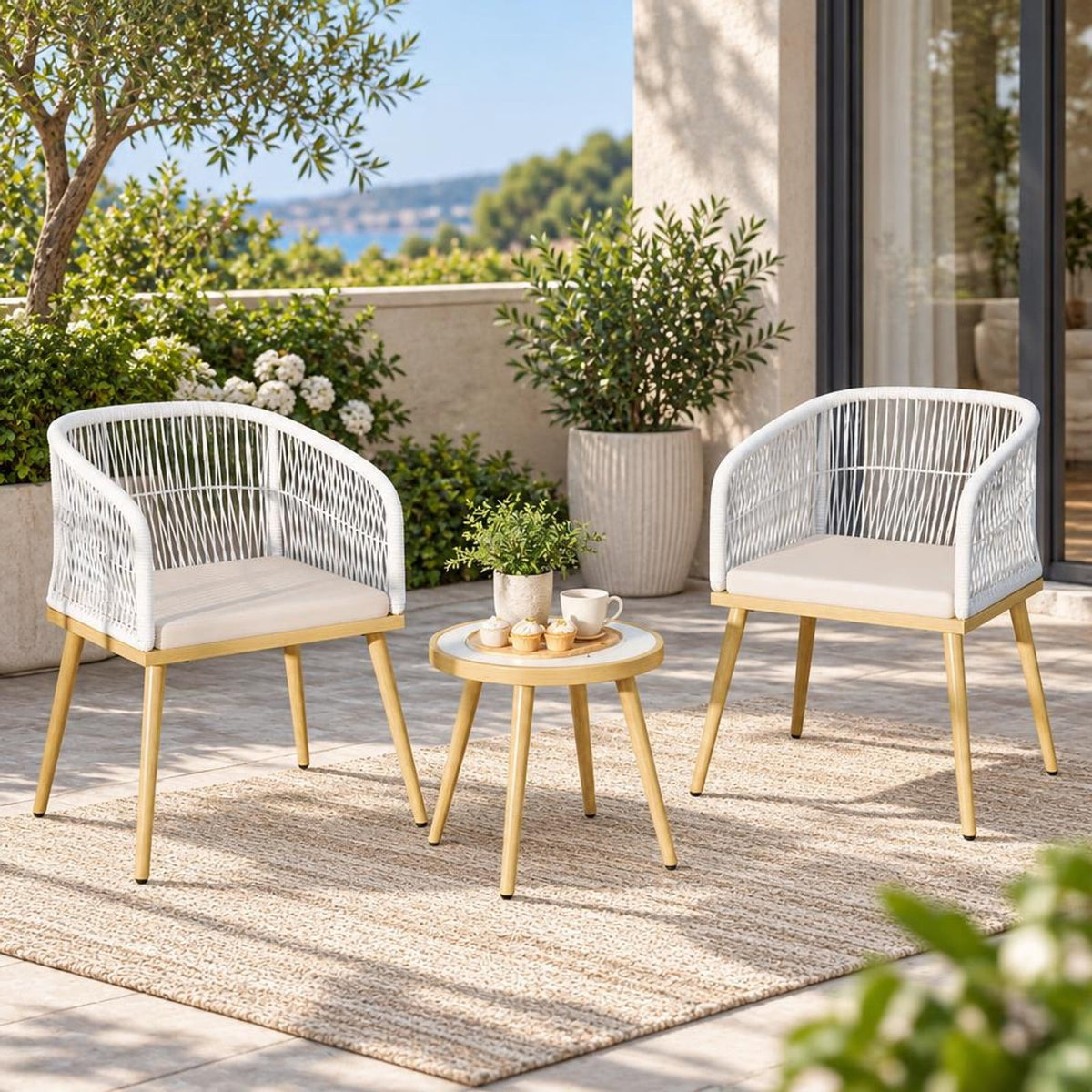 Airfind 3 Pieces Outdoor Bistro PE Wicker Conversation Furniture Set, 100 lbs Capacity, 18 x 16 Footprint, White