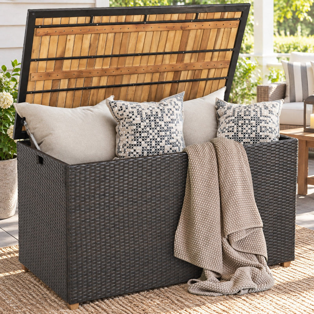 Airfind 134 Gallon Rattan Storage Box with Zippered Liner and Solid Acacia Wood Top, wood board 165 lbs Capacity, 51in x 28.5in x 28in Footprint, Wood