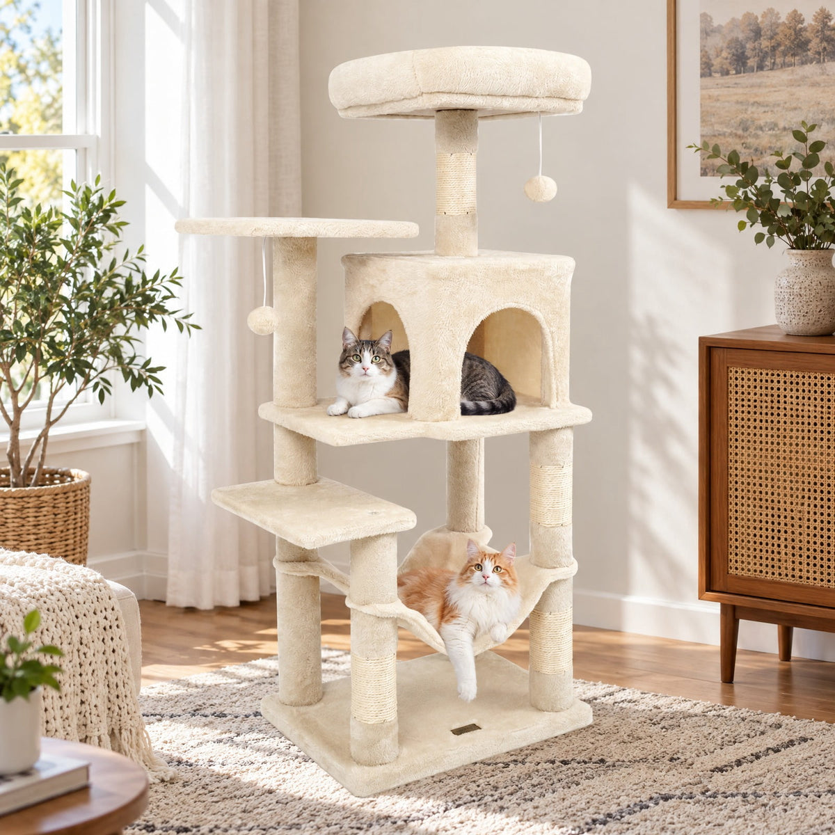 Airfind Multi-Level Cat Tower with 2-Door Condo and Padded Top Perch, PP Cotton Fabric Sisal Engineered Wood Overall Height 44 Base Frame, Beige
