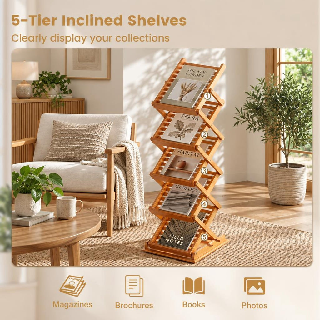 Airfind Foldable Bamboo Magazine Rack with 2 Adjustable Positions, 33 lbs Capacity, Bamboo Frame, 16 x 14 x 39.5 Footprint, Walnut