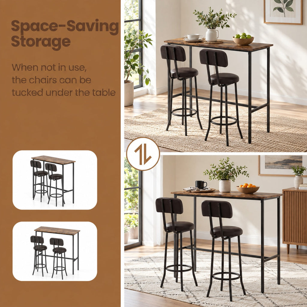Airfind 3-Piece Industrial Bar Table Set with 2 Upholstered Stools and Footrests for Dining Room, 220 lbs Capacity, 40 × 16 × 36 Footprint, Brown