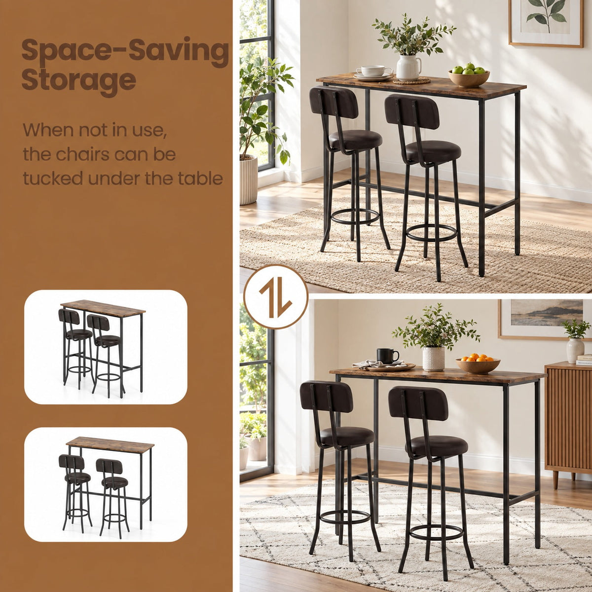 Airfind 3-Piece Industrial Bar Table Set with 2 Upholstered Stools and Footrests for Dining Room, 220 lbs Capacity, 40 × 16 × 36 Footprint, Brown
