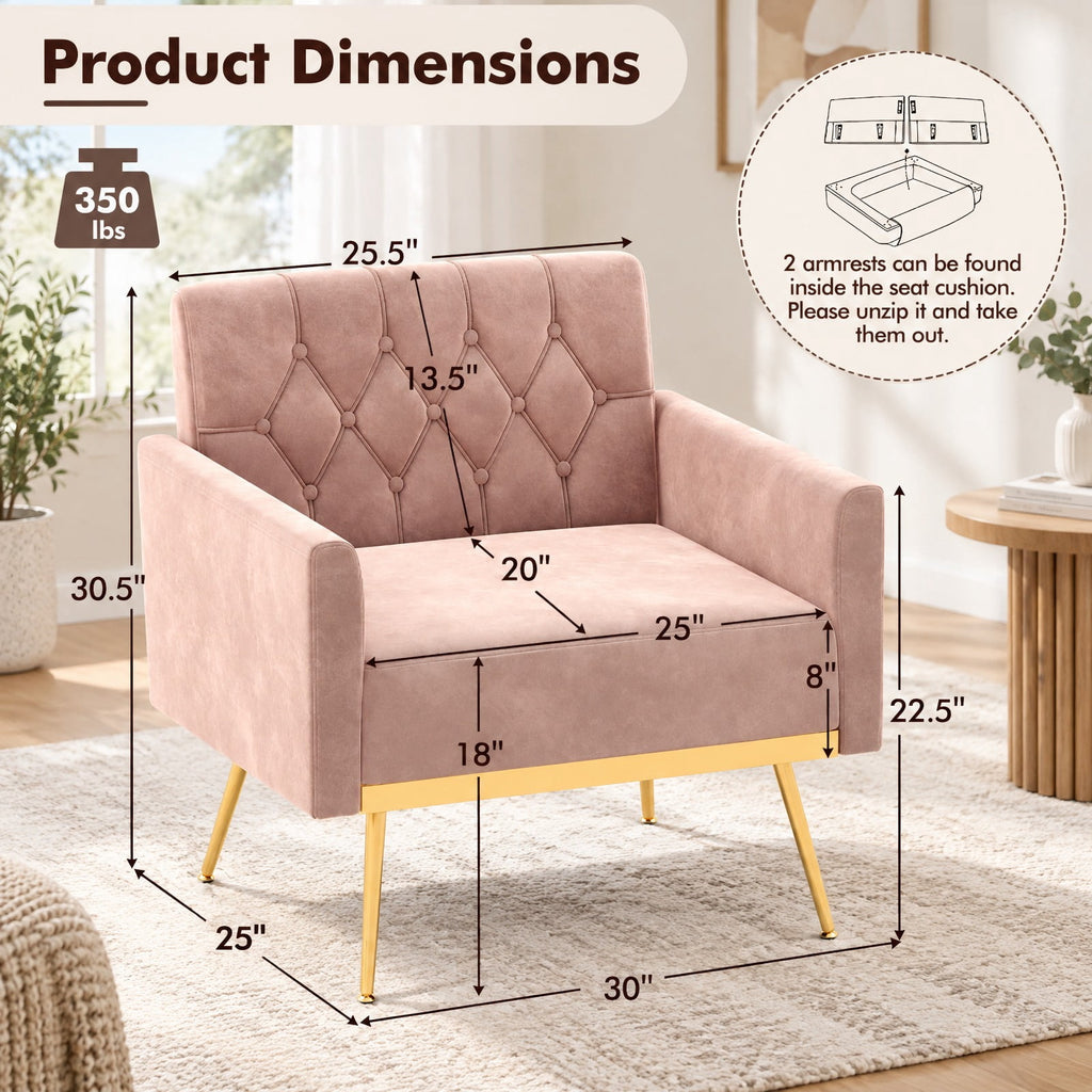 Airfind Modern Velvet Accent Chair with Button Tufted Back Golden Metal Legs and Adjustable Foot Pads, 350 lbs Capacity, Velvet Sponge Metal Frame