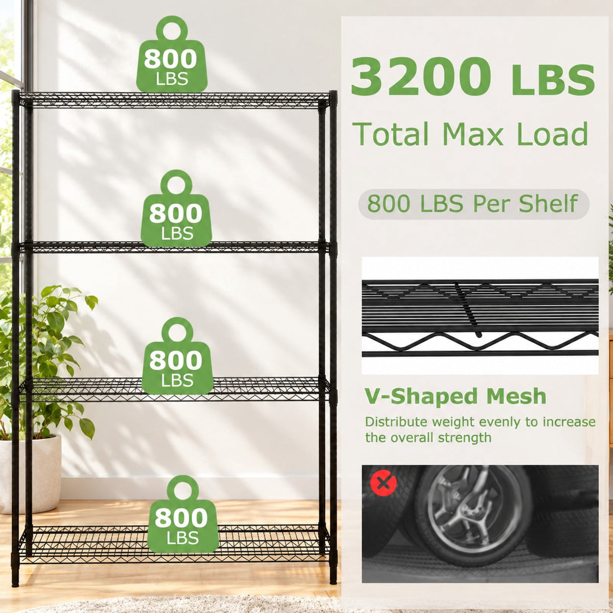 Airfind Set of 2 4-Tier Metal Storage Shelving Unit with V-Shaped Wire Rack, 3200 lbs Capacity, Metal Frame, 48 x 18 x 72.5 Total Footprint