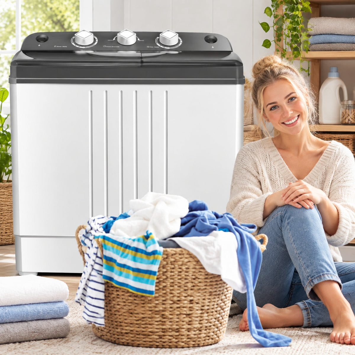 Airfind 20 lbs Portable Semi-automatic Twin-tub Washing Machine, ABS PP Frame, Side Carrying Handles for Effortless Movement, Black