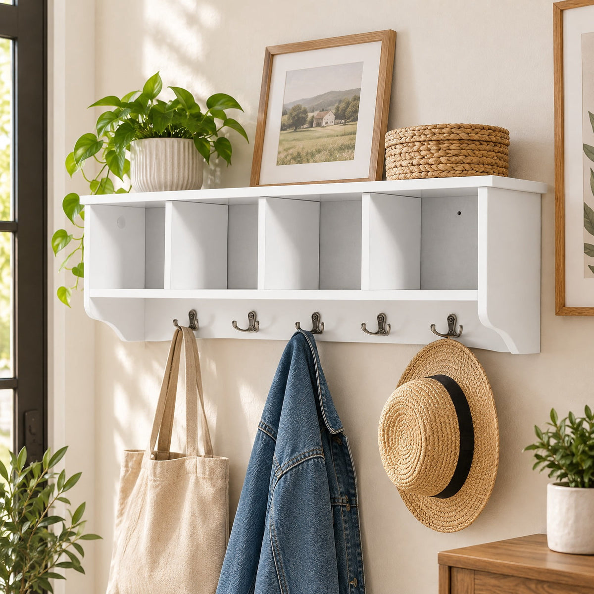 Airfind Wall-Mounted Storage Cabinet Hanging Entryway Shelf Coat Rack, 11 lbs Capacity, P2 MDF Frame, White