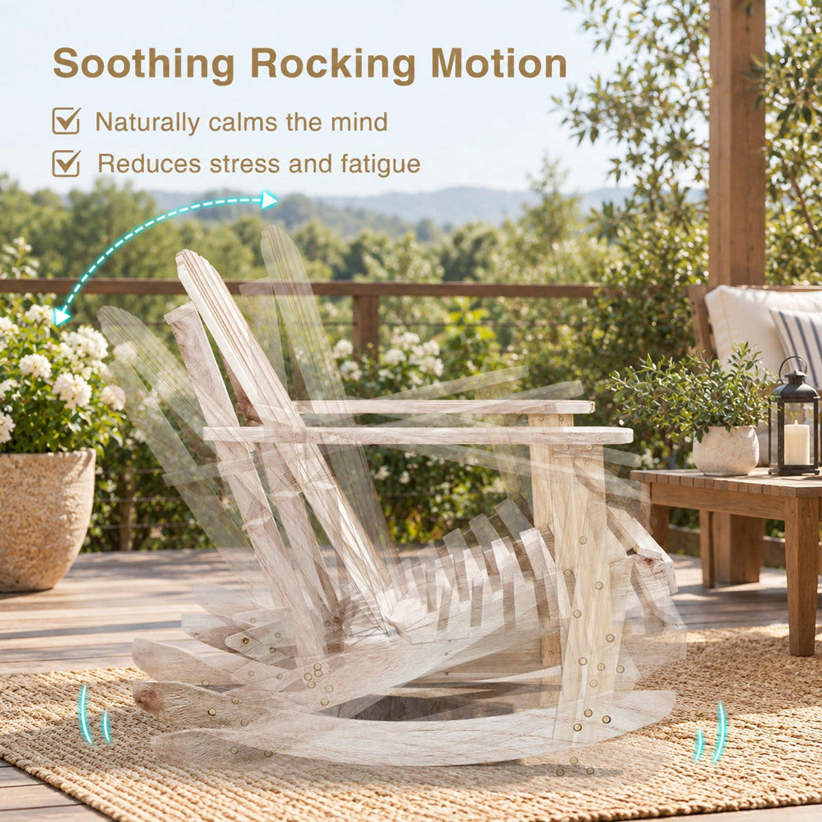 Airfind Adirondack Rocking Chair with Slatted Seat and High Fanned Back, 400 lbs Capacity, Acacia Wood Frame, 37 Inch x 29.5 Inch x 35 Inch Footprint, Natural