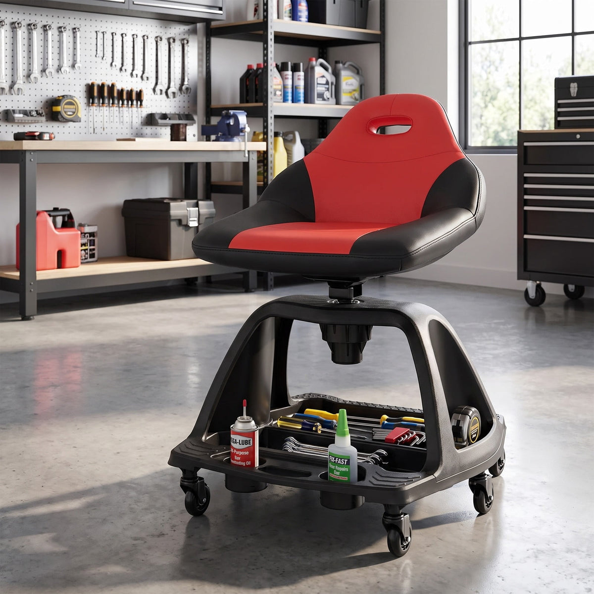 Airfind 330 LBS Capacity Garage Mechanic Stool Seat with Backrest 6 Universal Wheels and Tool Tray Storage, 330 lbs Capacity, Red