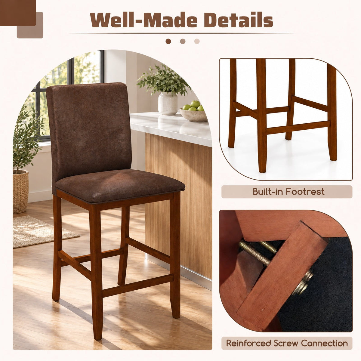 Airfind Counter Barstools, Set of 2, with Rubberwood Legs and Upholstered Seat, 330 lbs Capacity, Rubberwood Polyester Sponge Frame, Walnut