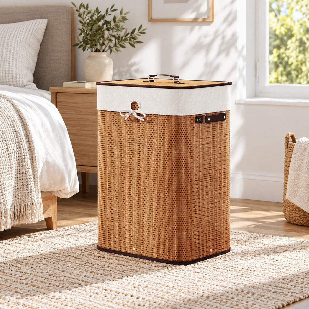 Airfind 19 Gal Rectangle Laundry Basket Bamboo Clothes Hamper with Handles and Lid, Bamboo and polyester cotton Frame, Yellow