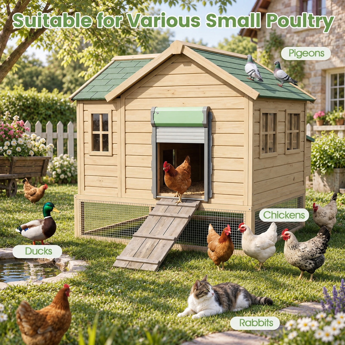 Airfind Automatic Chicken Coop Door with Remote Control and Light Sensor Timer, Aluminum ABS Silicon Frame, 14 x 12 x 4 Footprint, Green Sliver