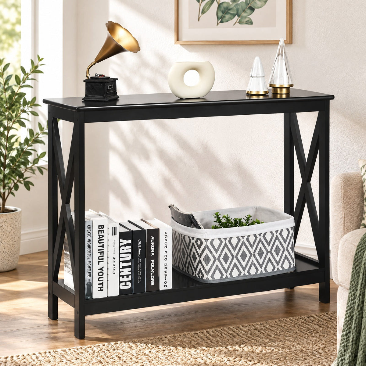 Airfind 2-Tier Console X-Design Sofa Side Accent Table, 66 lbs Capacity, P2 MDF Frame, 39.5 x 12 x 31.5 Footprint, Black