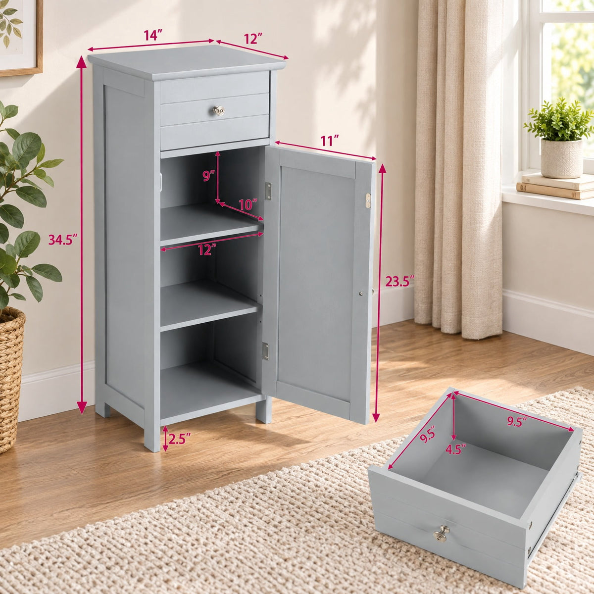 Airfind Wooden Bathroom Floor Storage Cabinet with Drawer and Shelf, 22 lbs Capacity, MDF Frame, 14 Inch x 12 Inch x 34.5 Inch Footprint, Gray
