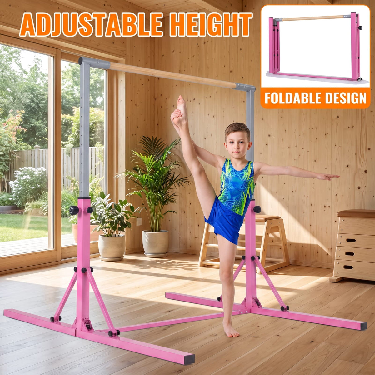 Airfind Foldable Gymnastics Bar for Kids with 3 Level Adjustable Height and Bamboo Grip Bar for Home Balance and Coordination Training, Pink