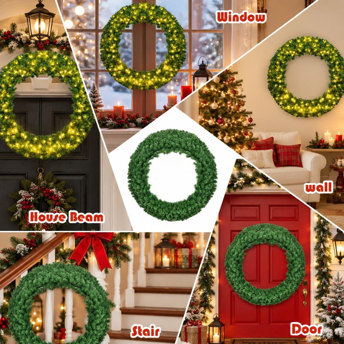 Airfind 48 Inch Pre-Lit Artificial Christmas Wreath with 200 Warm LED Lights and 714 PVC Branch Tips, Battery Operated, Green