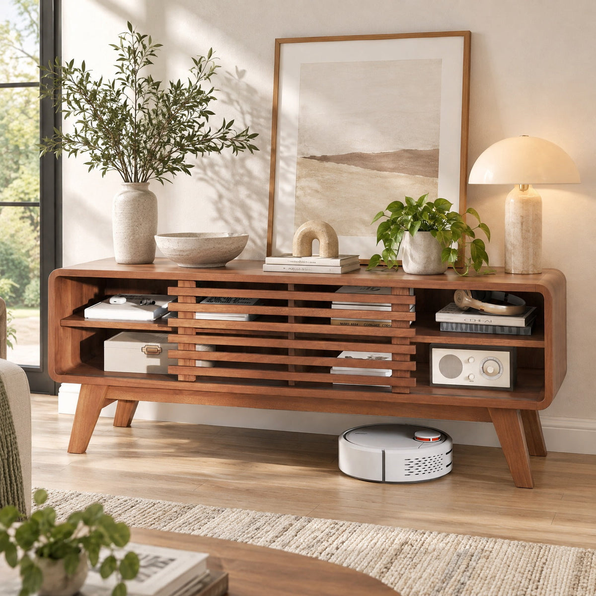 Airfind TV Stand for TVs up to 55 Inch with Sliding Door and Adjustable Shelves for Living Room, 220 Lbs Capacity, Rubber Wood MDF, Brown
