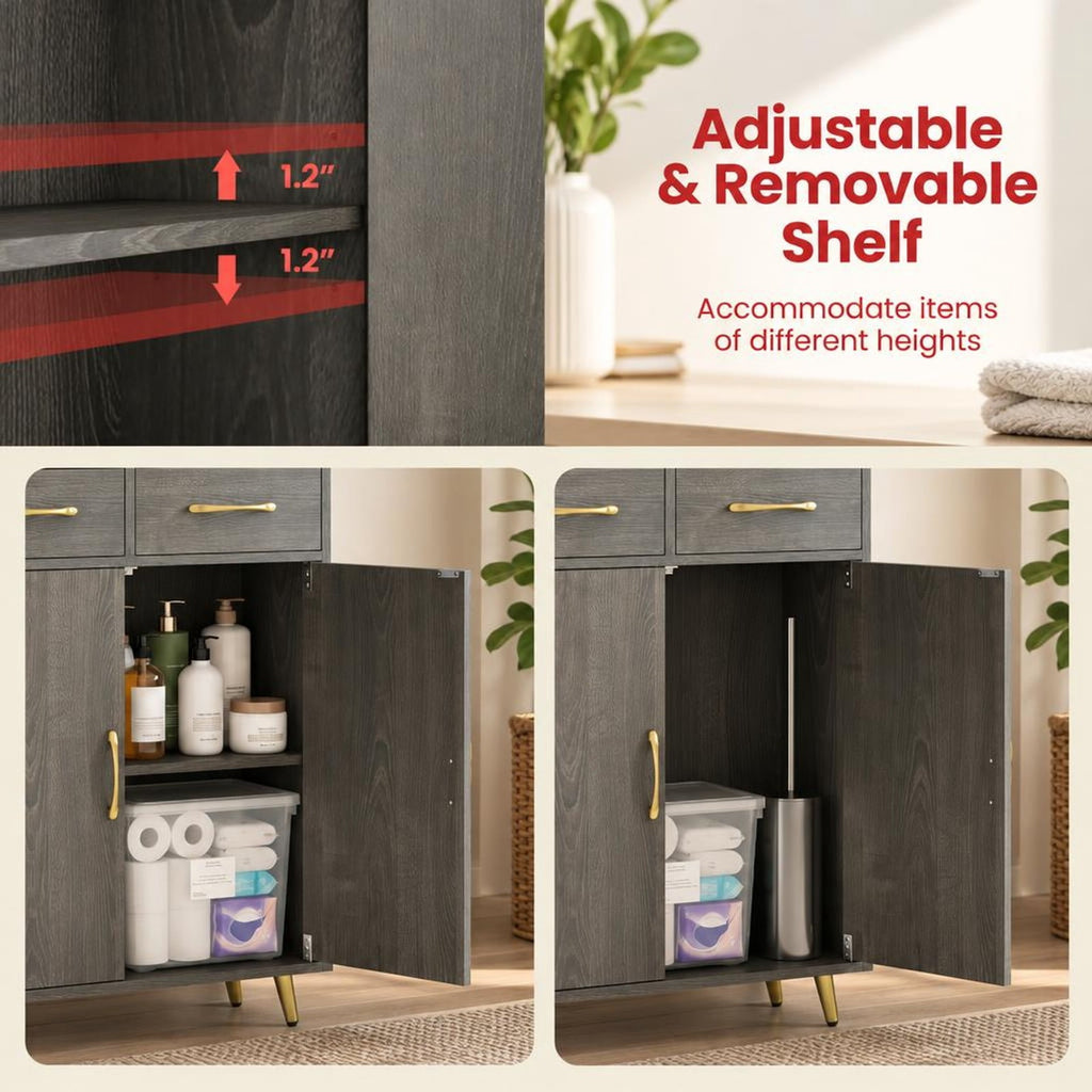Airfind Bathroom Storage Cabinet Freestanding Floor Cabinet with 2 Drawers and 2 Doors, 44 lbs Capacity, Engineered Wood Metal Frame, Gray