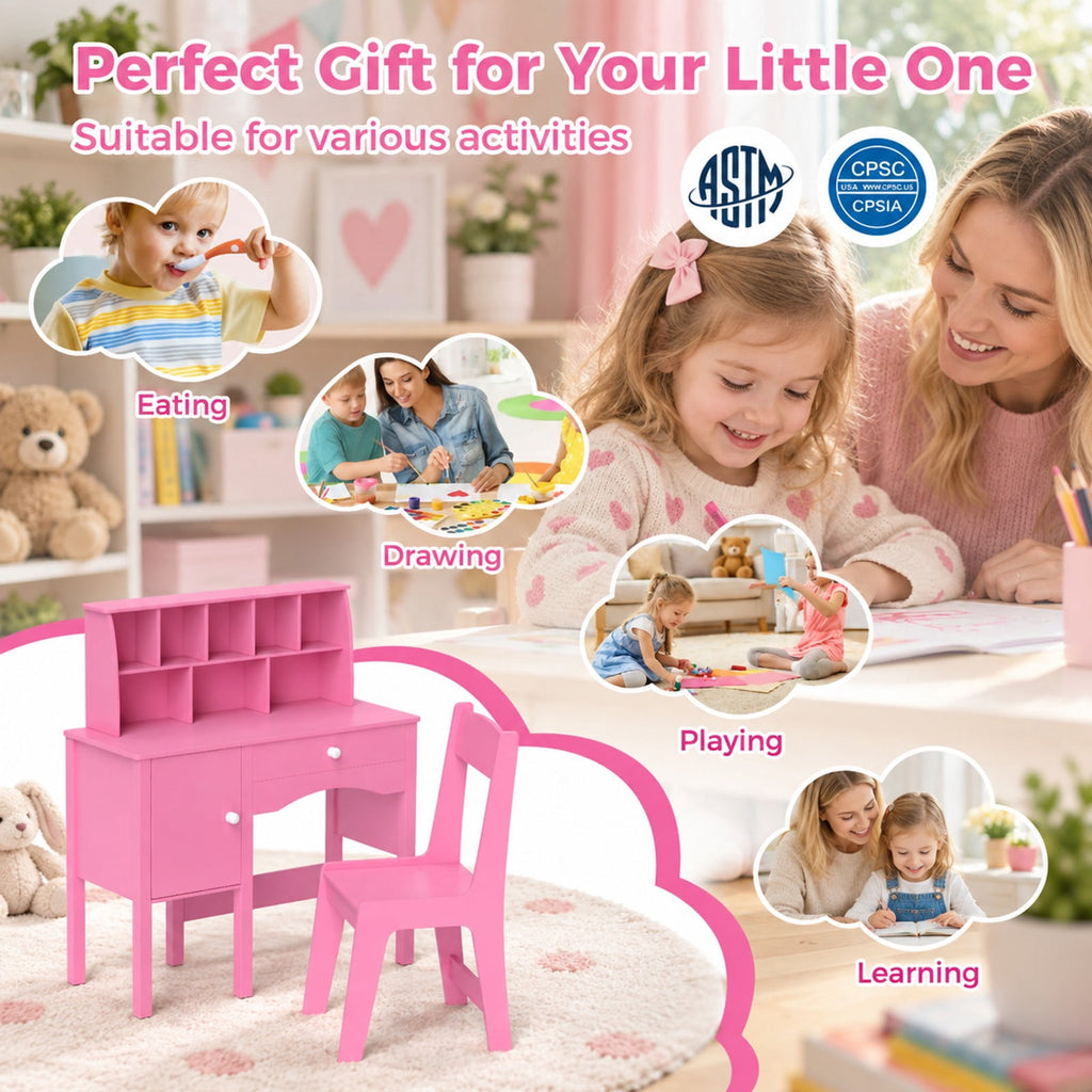 Airfind Kids Study Desk and Chair Set with Chair Hutch and Storage Cabinet for 3+ Years Old, 110 lbs Capacity, MDF Frame, Pink