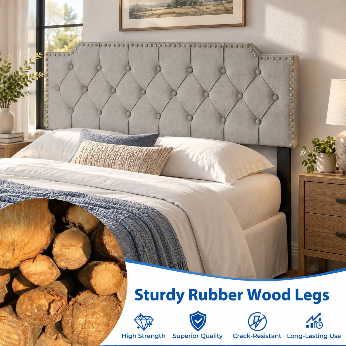 Airfind Headboard for Queen and Full Size Bed Rivet Tufted Upholstered Head Board, Rubber Wood Polyester Sponge MDF Frame, 63 x 4 x 45 Footprint