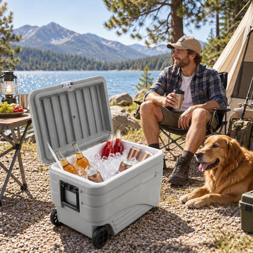 Airfind 103 Quart Outdoor Portable Wheeled Ice Cooler with Foldable Pull and Carry Handles, 330 lbs Capacity, HDPE PP PU TPE Frame, Gray