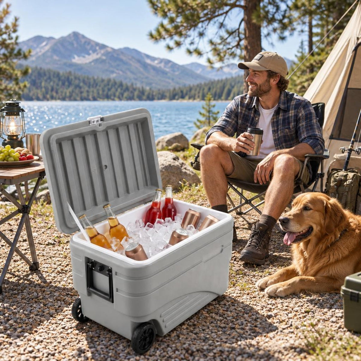 Airfind 103 Quart Outdoor Portable Wheeled Ice Cooler with Foldable Pull and Carry Handles, 330 lbs Capacity, HDPE PP PU TPE Frame, Gray
