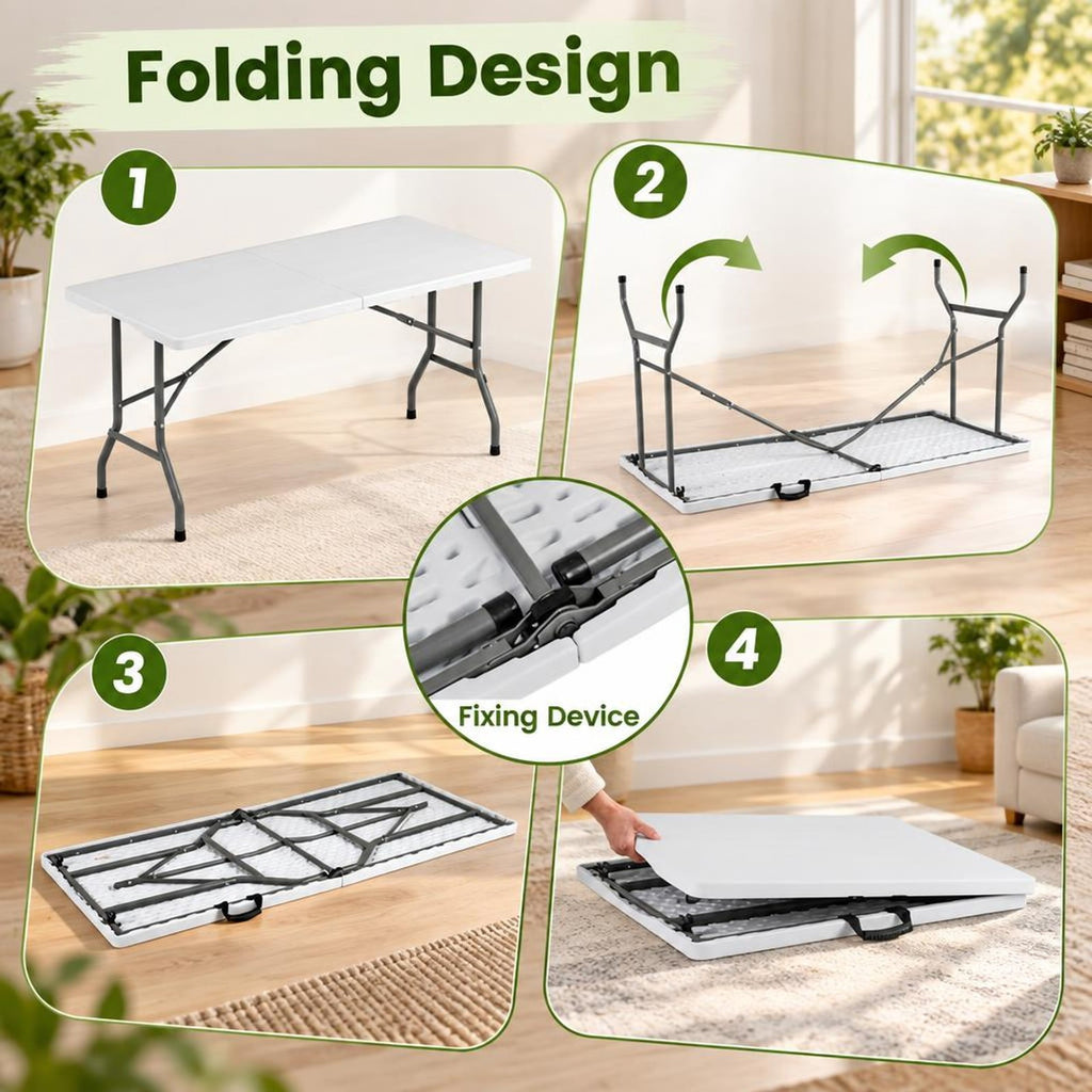 Airfind 5FT Folding Picnic Table with Wood Grain HDPE Tabletop and Non-slip Foot Pads, 400 lbs Capacity, HDPE Metal Frame, White