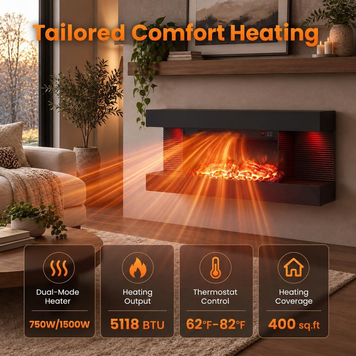 Airfind 3-Sided Black Wall Mount Electric WiFi Fireplace with Floating Mantel and 12 Flame Ambient-32 inches, Metal Tempered Glass Frame, Black