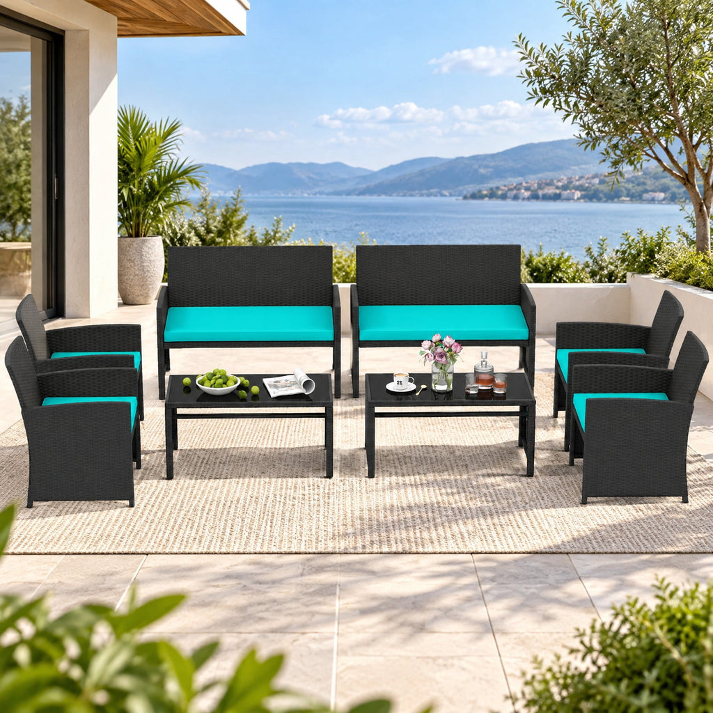 Airfind 4 Pieces Patio Furniture Set with Tempered Glass Tabletop and Removable Cushion, 400 lbs Capacity, Rattan Steel Sponge Frame, Turquoise