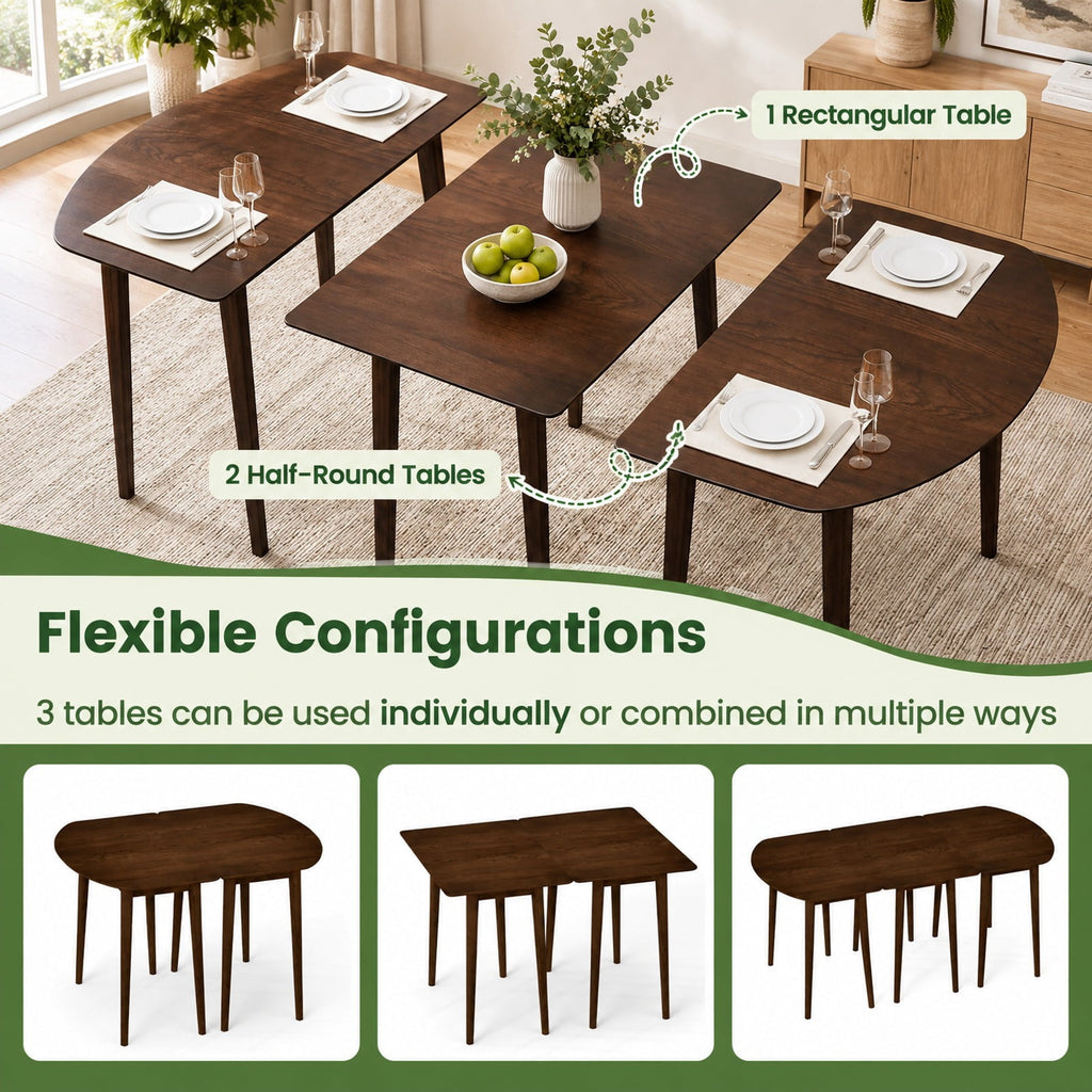 Airfind Extendable Oval Dining Table Set with 2 Half-Round Tables for 4-6 People, 260 lbs Capacity, MDF Rubber Wood Frame, Walnut