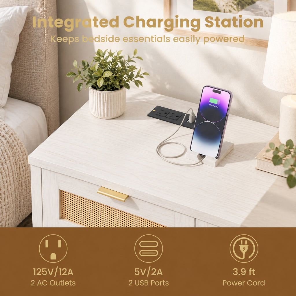 Airfind Rattan Nightstand with Charging Station and Storage Shelf for Bedroom, 88 lbs Capacity, Engineered Wood PVC Rattan Metal Frame, White