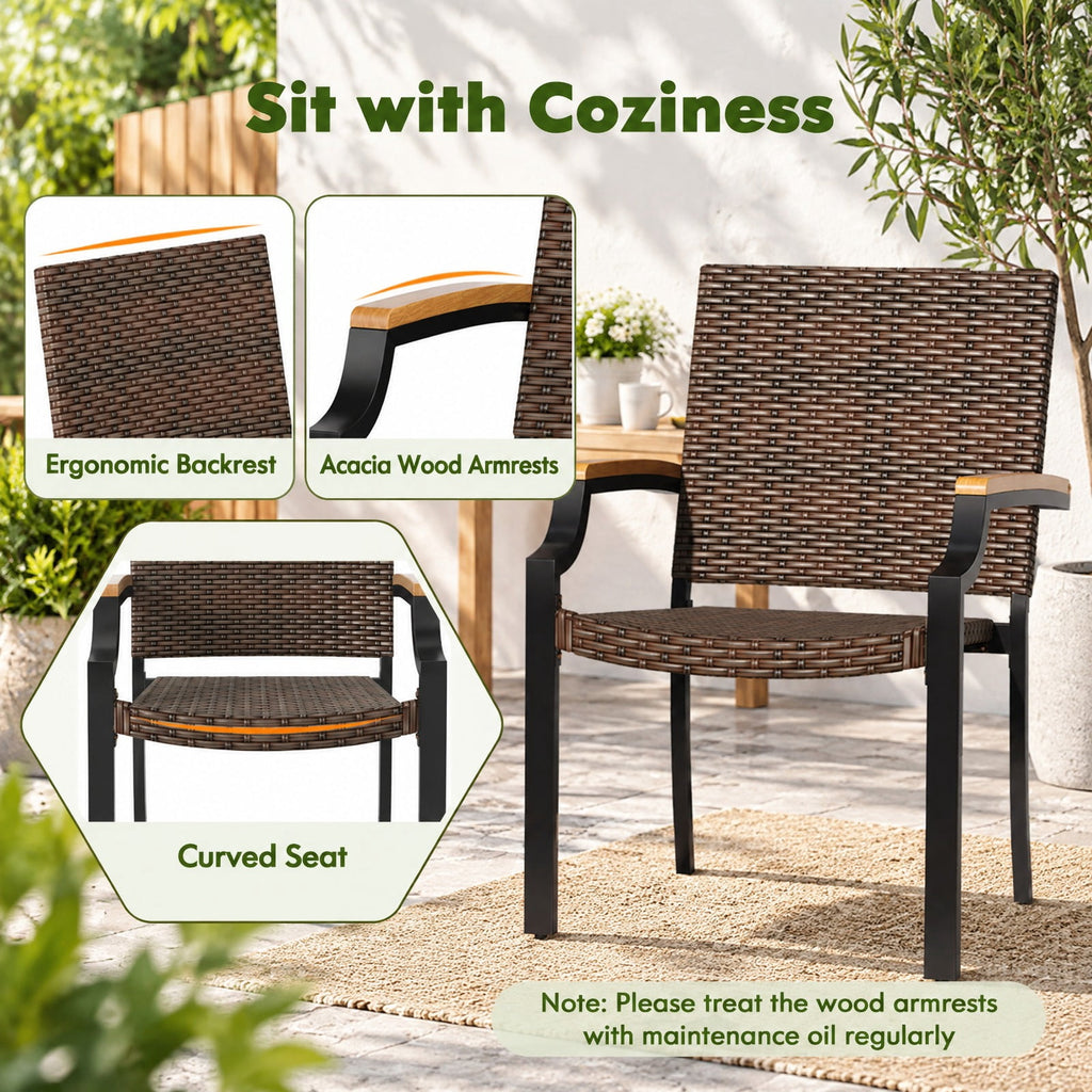Airfind Stacking Wicker Chairs Set of 2 Patio Rattan Dining Chairs with Acacia Wood Armrests, 400 lbs Capacity, Metal PE Rattan Frame, Wood