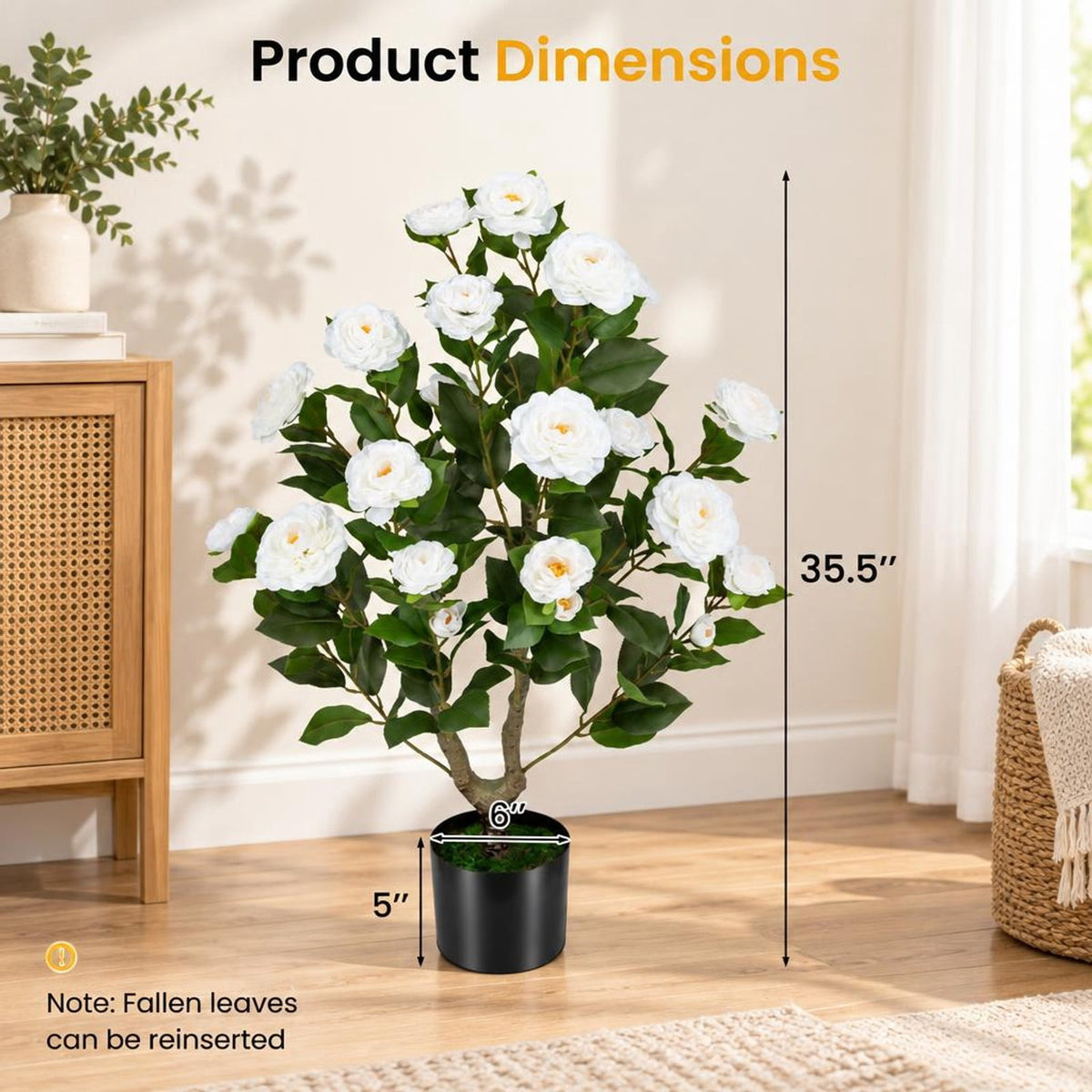 AIRFIND Artificial Camellia Tree, 35.5 in Faux Flower Plant with 24 Blossoms, 174 Leaves and Cement-Filled Pot for Home Decor, White