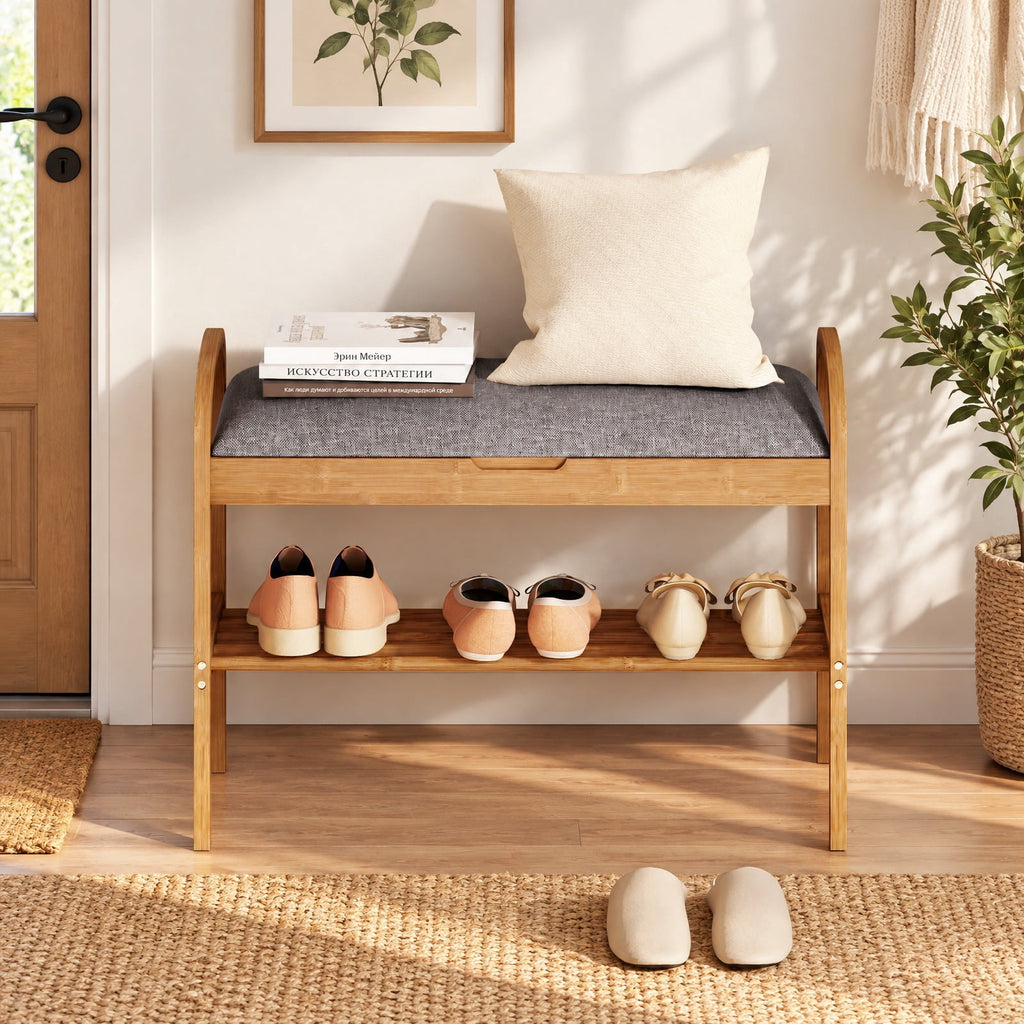 Airfind 2-Tier Bamboo Shoe Bench with Storage and Padded Cushion, 330 lbs Capacity, Bamboo Polyester Fabric Sponge Frame, Gray