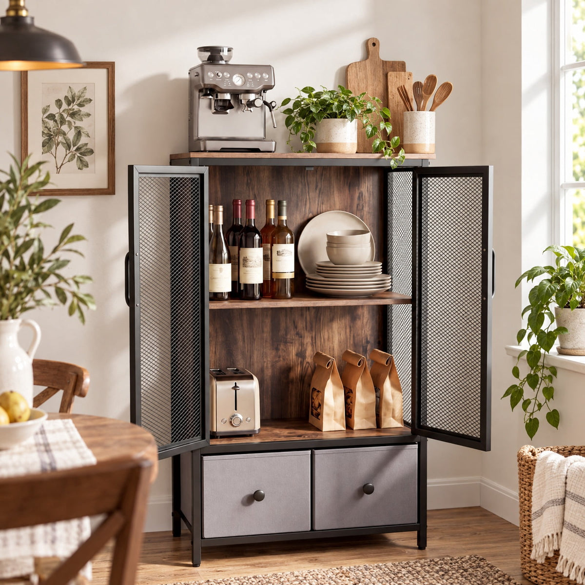 Airfind Industrial Coffee Bar Cabinet, Industrial Bar Cabinet with 2-Tier Storage Compartment, 88 lbs Capacity, Engineered Wood Metal PVC, Coffee